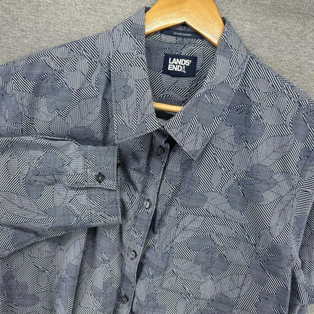 Lands' End Supima Cotton Blue Leaf Print Button Down Shirt Size 16T 3/4 Sleeves